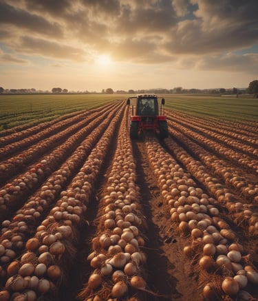 A vast agricultural field filled with rows of plants, possibly beetroot or similar leafy greens. The field is bordered by lush trees and hills in the background, contributing to a serene rural landscape. Sprinklers are visible throughout the field, indicating an irrigation system in place.