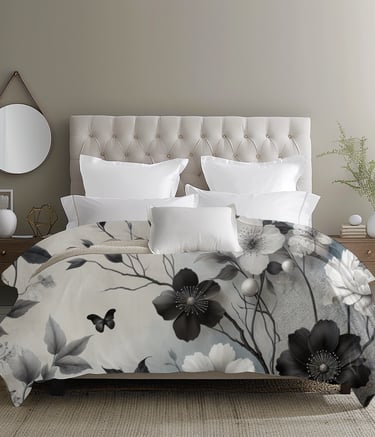 Black and white butterfly duvet set on tufted bed – URunique21 bedroom decor