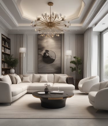 A modern interior space featuring a mix of minimalist and contemporary design elements. A round table with a marble top holds a teacup and bowl, accompanied by a dark chair. A wooden floor extends throughout the room. A tall shelf unit holds various decorative items, books, and personal mementoes. A desk with a chair is situated by a large window with sheer curtains, allowing natural light to flood the space. Pendant lights hang from the ceiling, and a geometric wall decoration adds interest.