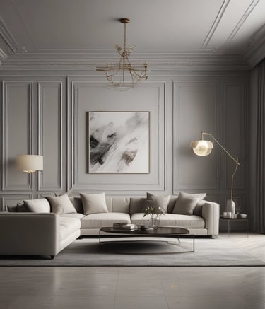 A laptop displaying a webpage with several interior design images is placed on a wooden table. Behind it, a gray couch and a round mirror on the wall can be seen, suggesting a cozy room setup. Soft lighting filters through sheer curtains in the background.