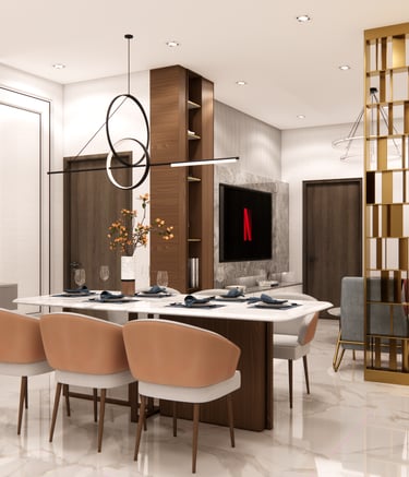Dining area interior design featuring stylish living room partition and elegant vanity unit by CASA DESIGNERS