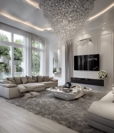 a living room with a large couch and a chandelier