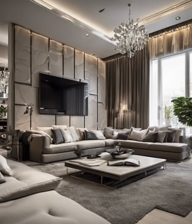 a living room with a couch and a chandelier