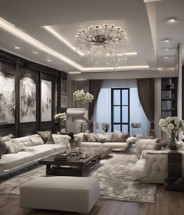 a living room with a chandelier and a chandelier