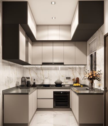 Stylish interior design for modular kitchen with granite countertops, ample storage and integrated lighting by CASA DESIGNERS
