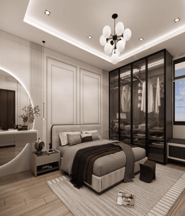 Stylish interior design for master bedroom featuring cot, bed back panel, coordinated bed dressing and spacious wardrobe