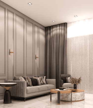 Interior design detail of living room sofa back panel paired with sofa and curtains