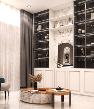 Interior design showcasing crockery unit alongside a bold statement chair and coordinated room styling by CASA DESIGNERS
