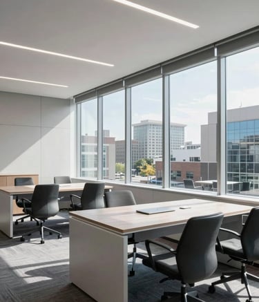 A bright and airy commercial office space in North America with clean lines and minimalist furniture. Large windows overlook a professional district. The interior design uses pale gray and steel blue colors, creating a sense of sophisticated, modern professionalism and trustworthiness.