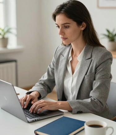 A close-up of a professional woman in business casual attire working on a laptop in a bright, modern North American home office. Natural light spills across a clean desk featuring a steel blue notebook and a cup of coffee. The atmosphere is calm and focused, reflecting reliability and expertise.