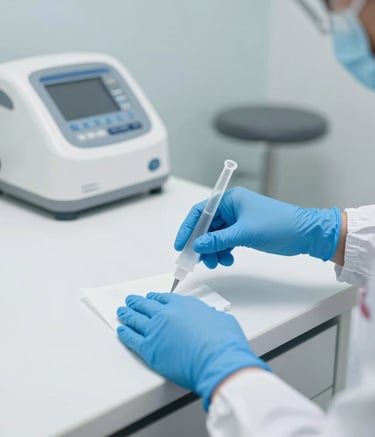 A close-up photograph of a professional cleaning specialist in a North American medical clinic wearing blue nitrile gloves and a white protective uniform, carefully disinfecting high-touch surfaces in an examination room with medical-grade equipment in the background. Bright, clinical lighting, clean and professional atmosphere.