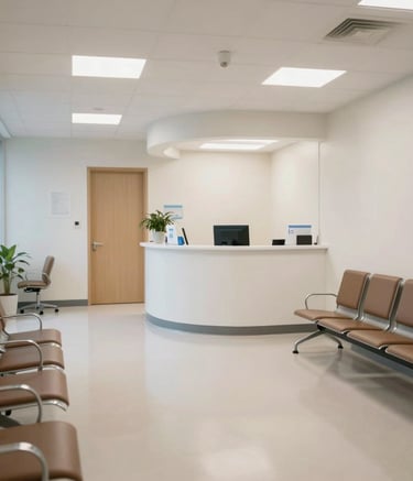 Wide-angle photography of a modern, sterile medical office waiting area in Brooklyn, North American setting. The room features polished floors reflecting soft light, organized seating, and a clean, minimalist reception desk under bright, welcoming lighting. The atmosphere is quiet, professional, and impeccably clean.