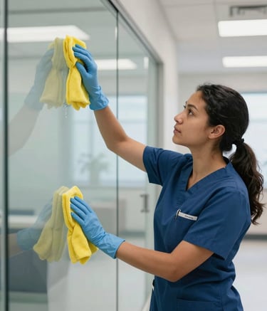A professional North American cleaning staff member in a medical uniform and gloves cleaning a glass partition in a contemporary clinic. The setting is bright, airy, and highlights the focus on hygiene and professional janitorial service in Brooklyn.
