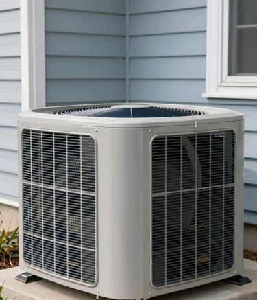 A close-up photograph of a clean, high-efficiency modern outdoor air conditioning unit installed beside a suburban North American / US home with light blue-grey siding. The lighting is bright and clear, emphasizing the professional installation and high-quality metal finish of the HVAC system.