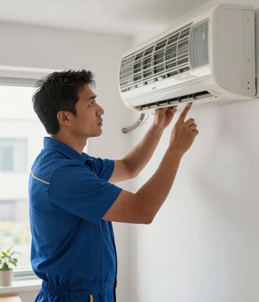 A professional HVAC technician in a clean uniform with medium blue accents, North American / US setting, inspecting an indoor air conditioning wall unit in a bright, modern apartment. The scene conveys expertise and meticulous attention to detail with soft, natural lighting.