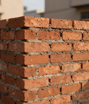 A close-up photograph showcasing high-quality masonry work in a South Asian urban environment. The image features perfectly aligned clay bricks and clean mortar lines under the warm glow of the afternoon sun, representing durability and skill.