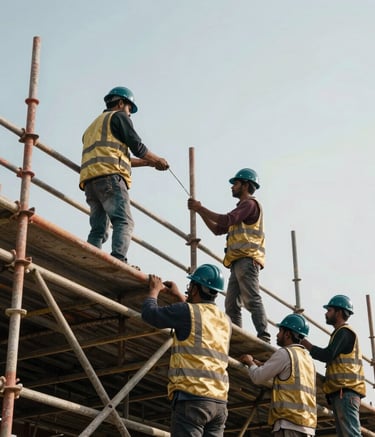 A wide-angle professional photography shot of skilled South Asian construction workers in gold safety vests and dark teal hard hats, precisely assembling a complex scaffolding structure against a bright sky. Modern industrial aesthetic with a focus on strength and precision.
