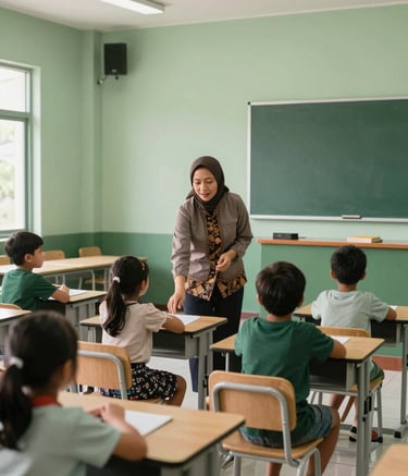 A wide shot of a bright, modern classroom designed for observation, featuring sage green and deep forest green accents. A teacher in modest Indonesian attire is gently guiding a small group of young children. The setting is compassionate and focused on growth.