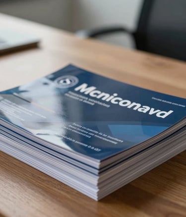 A professional, close-up photograph of a set of high-quality, glossy marketing flyers neatly stacked on a clean wooden desk. A blurred North American office environment is in the background. The lighting is clean and modern, highlighting the professional design. Muted blue and slate tones are reflected in the flyer designs.