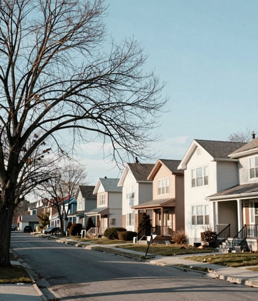 A professional photograph of a local residential street in the Greater Toronto Area, with mature trees and suburban North American architecture. The lighting is bright morning sun, creating a trustworthy atmosphere. Palette elements of muted blue and off-white are reflected in the sky and house exteriors.