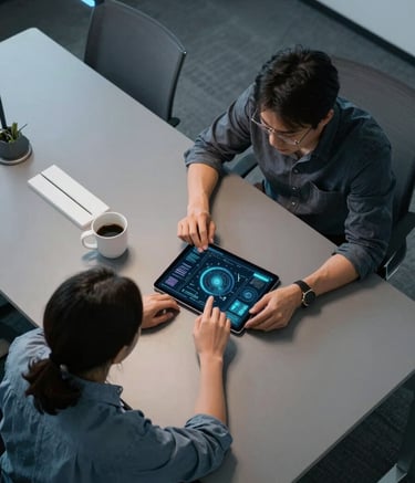 A top-down view of a modern North American / US tech consulting office table. Two professionals in business casual attire are collaborating over a tablet displaying abstract data visualizations. The environment is sleek with Charcoal Grey surfaces, Ice White accents, and a soft glow of Cerulean Blue from a nearby light fixture.