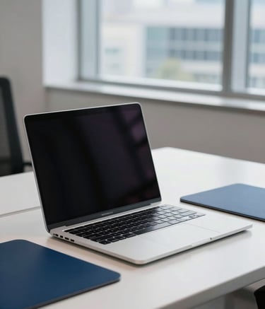 A close-up shot of a professional at a minimalist workstation in a North American / US office. The scene features a high-end laptop, a clean desk with Midnight Blue desk pads, and soft Ice White ambient lighting. The background is slightly blurred showing a modern corporate window view.