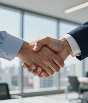 A close-up shot of a professional handshake in a modern Brazilian office. In the background, a sunlit window shows a blurred cityscape. The lighting is bright and optimistic, emphasizing a new beginning and trust. The colors feature soft sky blue and deep slate tones.