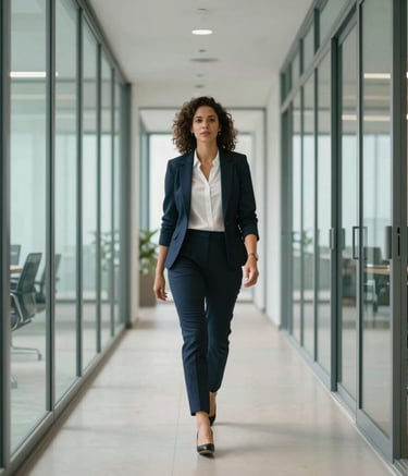 A confident professional walking through a modern glass-walled office corridor in Brazil. The lighting is crisp and forward-thinking. The composition is clean and focused, capturing a sense of empowerment. Muted teal and off-white tones are prominent.