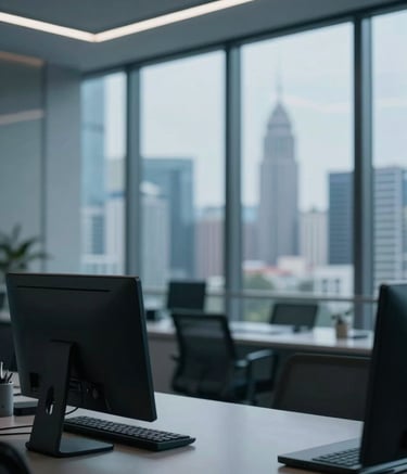 A high-end, secure technological environment with soft blue and deep gray lighting. In the background, a blurred modern Southeast Asian cityscape is visible through large glass windows. The composition is clean and professional, emphasizing a sense of trust and advanced security.