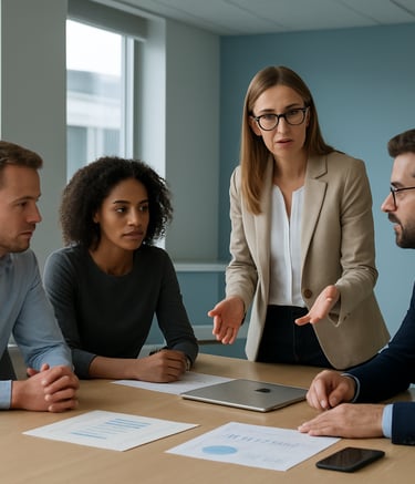 A collaborative team of professionals in a modern Central European office space, discussing strategy around a large table, with daylight and light blue accents in the background.
