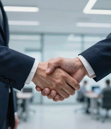 A focused close-up of a professional handshake in a modern office, featuring business attire in dark blue and steel blue, in a Central European corporate setting with ice blue ambient lighting.
