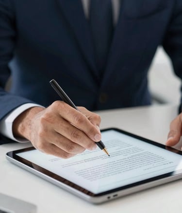 A close-up photograph of a professional hand signing a digital document on a tablet in a bright North American office environment. The scene is professional and trustworthy, featuring dark navy and medium blue tones in the attire.