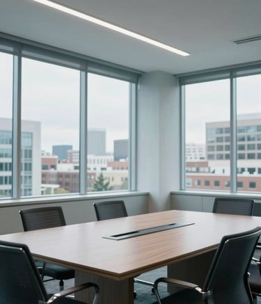 Professional North American office setting in Spokane, Washington. A modern conference room with large windows overlooking the city, featuring light blue and light gray interior accents. Soft daylight illuminates the clean, minimalist space.