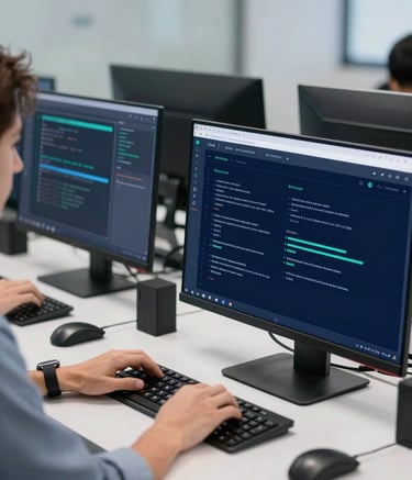 A high-tech workspace showing a specialist performing software testing on multiple devices, with a color palette of deep blues (#0F1D33) and teal accents (#4CAF9D), clean and professional atmosphere.