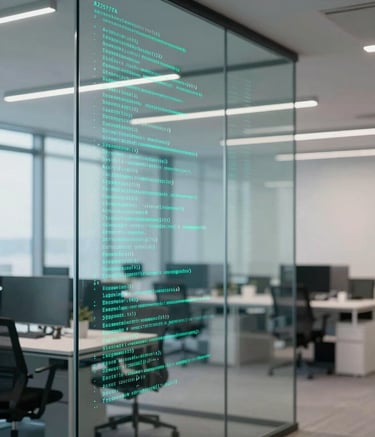 A modern minimalist office interior in France with a focus on a glass wall reflecting digital code lines, incorporating brand colors #22577A and #4CAF9D for a sophisticated tech vibe.