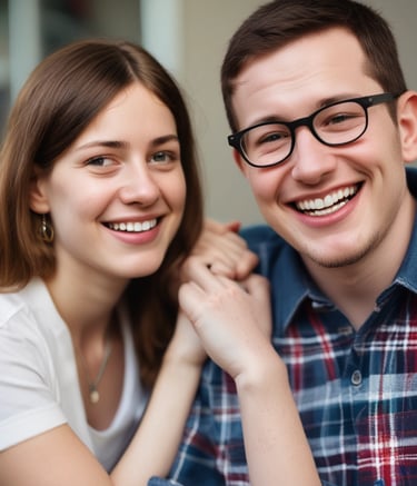 A caregiver gently assisting a smiling adult with autism in a bright, homey living room.