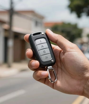 Close-up photography of a person's hand holding a modern car key fob with buttons, with a blurred residential street background in Guarulhos, Brazil, in bright daylight.