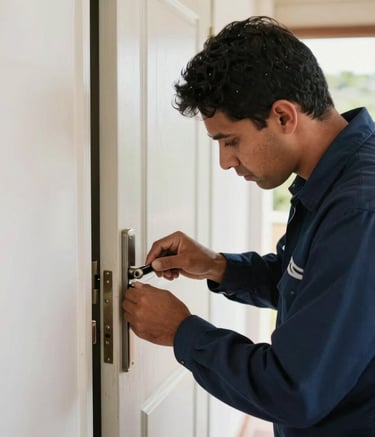 Photography of a professional locksmith wearing a dark blue uniform while carefully repairing a door lock of a South American / Brazilian home, bright daytime lighting.