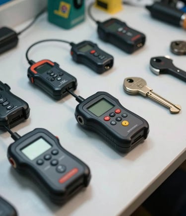 Photography of a professional locksmith's organized tool kit with high-tech electronic key programmers and specialized tools, on a white workbench with medium blue and white lighting, South American / Brazilian setting.
