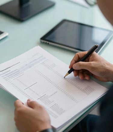 A close-up of professional hands reviewing complex financial ledgers and digital tablets in a professional European Portuguese corporate office. Muted teal and light blue accents in the background from the brand palette. Natural lighting, sharp focus on documents representing expertise and detail.