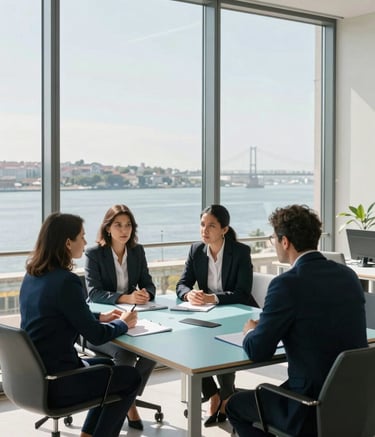 A clean, modern office in Lisbon featuring large windows with a soft view of the Tagus River. Professional consultants in smart business attire are discussing strategy around a light blue table. Bright daylight, high contrast, dependable atmosphere in a European Portuguese setting.