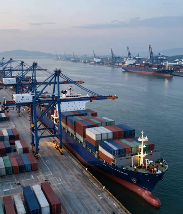 A sophisticated aerial view of a modern international shipping port at dawn. The lighting is soft and elegant, highlighting the efficiency of global logistics. The image focuses on sleek cargo ships and containers, symbolizing the scale of global trade. Palette emphasizes #0A2342 and #2C4F70.