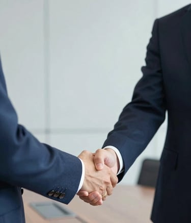 A high-end, professional close-up of two executives in tailored suits shaking hands in a minimalist, light-filled boardroom. The aesthetic is clean and corporate, featuring gold watch details and a professional atmosphere, reflecting a successful partnership in international trade. Palette includes #0A2342 and #F8F8F8.