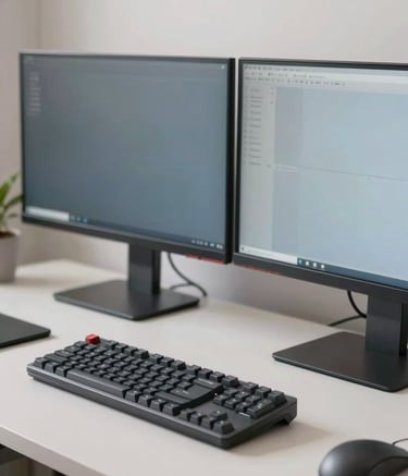 A high-quality close-up of a modern workstation with a clean desk, dual monitors, and a mechanical keyboard in a bright North American / US studio, professional atmosphere, featuring muted grey-blue and soft off-white tones.