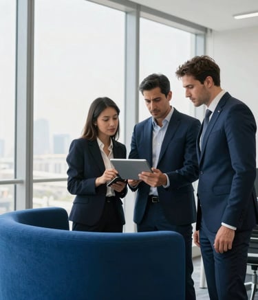 A group of three professional marketing strategists in a high-end Dubai office with large windows, looking at a digital tablet together. The scene is bright with natural light and features minimalist, premium office furniture in shades of royal blue and white.