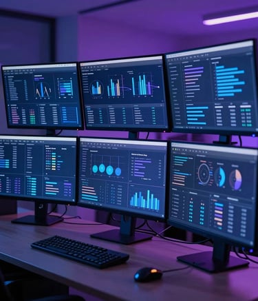 A high-tech digital marketing dashboard displayed on multiple sleek monitors in a sophisticated, dark-themed office in New York. The lighting is dominated by royal blue and lilac glows, emphasizing a data-driven atmosphere.