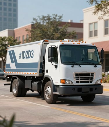 A modern, clean flatbed tow truck branded with subtle industrial accents, driving through a recognizable Houston neighborhood. The lighting is crisp morning sun, emphasizing a professional and fast service vibe with a palette of #1D2D3E and #7A9AB0.