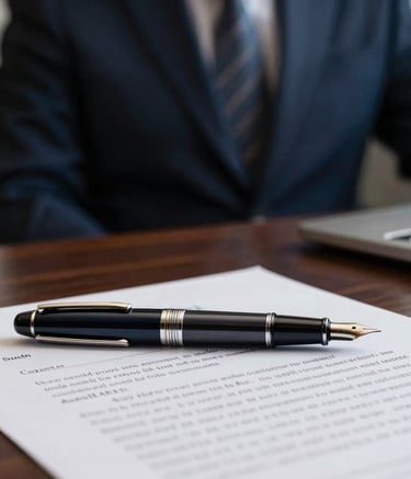 Detailed photography of a high-end fountain pen resting on signed legal documents on a dark wood desk. Shallow depth of field, professional lighting with soft highlights, deep charcoal blue and muted slate blue accents in the background, South American executive office setting.