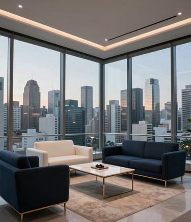 A wide angle interior shot of a modern, sophisticated law office in a South American city. Floor to ceiling windows showing a metropolitan skyline at dusk, elegant furniture in deep charcoal blue and off-white pearl tones, professional and trustworthy atmosphere.