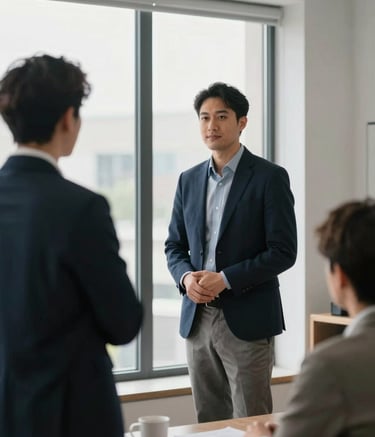 A high-quality photograph of a financial educator standing in front of a window in a sophisticated workspace. They are dressed in business casual attire. The room is filled with Soft Mist White and Deep Midnight Navy tones. The atmosphere is trustworthy and authoritative.